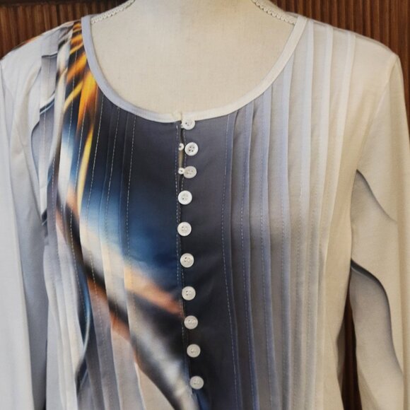 Womens XL White Blue Button Neck Pullover Stretch 3/4 Flair Sleeve Blouse Unworn - Picture 4 of 13